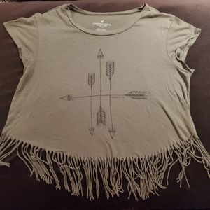 Olive green printed fringe crop top